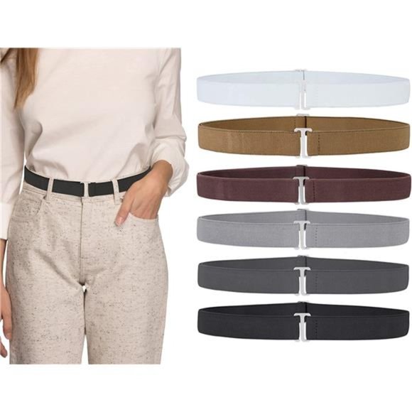 Ginwee 6 Pack Invisible Belts, No Show Adjustable Elastic Belts with Flat Buckle